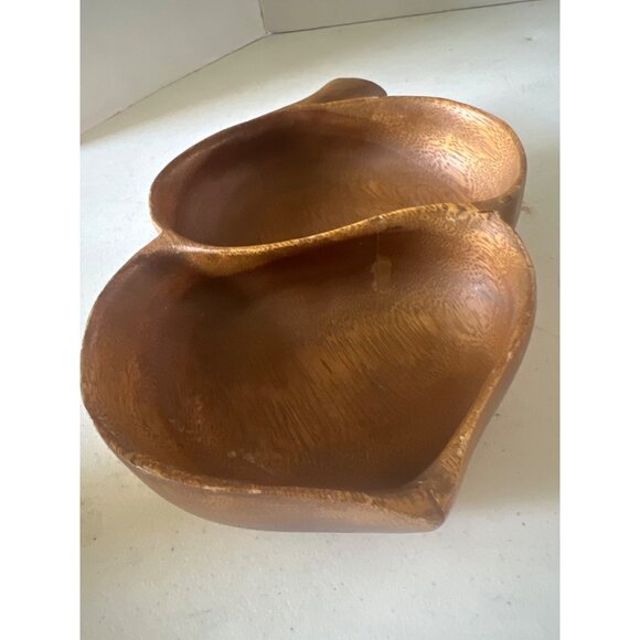 Vintage Hand Carved Monkey Pod Double Section Acorn Shaped Serving Dish - Picture 9 of 10